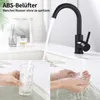 A collage showing a black kitchen faucet with water flowing, a hand filling a glass with water, and hands being washed under the faucet. Produktbild-Vorschau
