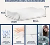 Collage of images showing a white ergonomic neck pillow with dimensions, close-ups of its features, and a woman near a washing machine. Produktbild-Vorschau