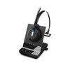 A black wireless headset with a microphone boom is resting on its charging base. The base has several touch-sensitive buttons and indicator lights. Podgląd zdjęcia produktu