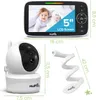 A baby monitor set including a screen, a camera, and a flexible stand, with dimensions indicated. Náhled obrázku produktu