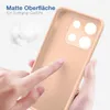 A hand is touching a pink phone case, highlighting its matte surface and soft grip. Produktbild-Vorschau