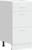 A white three-drawer cabinet with silver handles, shown from the front and slightly to the side, standing on black legs. Voir les images du produit