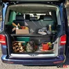 The open trunk of a blue van is filled with camping and picnic supplies, including food, cooking equipment, firewood, and a backpack. Voir les images du produit
