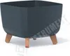 A dark gray planter with wooden legs on a white background. Produktbild-Vorschau
