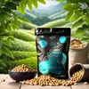 A bag of powdered peanut butter is displayed on a wooden surface with peanuts in a bowl and scattered around, set against a backdrop of lush green hills. Produktbild-Vorschau
