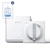 A white window cleaning robot and its charging station are displayed on a white background, with a bottle of cleaning fluid in the upper left corner. Produktbild-Vorschau