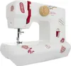 A white sewing machine with red accents and decorative stickers. Produktbild-Vorschau
