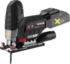 A cordless jigsaw is shown from a side angle against a white background. A dashed outline indicates where a battery pack would attach, with a yellow 'X' marking it as not included. Produktbild-Vorschau