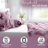 A bed with floral patterned bedding, featuring icons for washing, drying, and ironing. Produktbild-Vorschau
