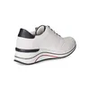A white leather sneaker with navy blue accents is shown from the side against a white background. Produktbild-Vorschau