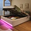 A bed with storage is shown in a room with a large window overlooking a body of water. Produktbild-Vorschau