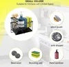 A kitchen sink caddy with cleaning supplies, surrounded by product feature callouts. Produktbild-Vorschau