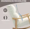 Close-up side view of a cream-colored rocking chair with wooden armrests and base. Text overlays highlight ergonomic features. Produktbild-Vorschau