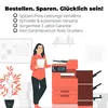 A woman stands next to a printer with text highlighting product benefits. Produktbild-Vorschau