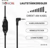 A product image showcasing a volume control cable with various features highlighted by text and icons. Produktbild-Vorschau