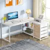 A white L-shaped desk with a computer, printer, lamp, and decorative items, set against a light blue wall and a wooden floor. Anteprima dell’immagine prodotto