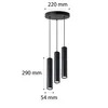 A product image of a black, three-light pendant lamp with dimensions indicated. Podgląd zdjęcia produktu