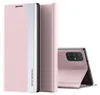 A pink flip case for a Samsung Galaxy A71 phone is shown, with the phone partially inserted into the case. Produktbild-Vorschau
