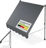 A gray awning is shown in a studio setting against a white background. A small inset image shows a side view of the awning's support structure. Náhľad obrázku produktu