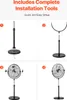 A four-panel image showing the assembly steps for a VEVOR industrial stand fan. Podgląd zdjęcia produktu