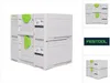 A collage of images showing Festool Systainers, including a main image of stacked units and smaller images of the units from different angles and a logo. Voir les images du produit