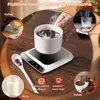 A collage of images showing a coffee mug warmer with various beverages and accessories, presented in a marketing style. Produktbild-Vorschau
