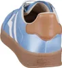 The back view of a blue sneaker with white stripes and a brown heel tab, set against a white background. Produktbild-Vorschau