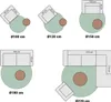 Diagrams showing different sizes of round jute rugs with furniture arrangements and dimensions. Produktbild-Vorschau