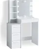 A white vanity table with a mirror and LED lights, featuring shelves and drawers. Anteprima dell’immagine prodotto