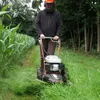 A person is using a lawn mower in a grassy area next to a cornfield. Produktbild-Vorschau