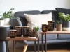 Several WoodWick candles are displayed on wooden tables in front of a sofa. Voir les images du produit