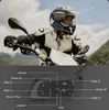 A person wearing a motorcycle helmet and riding a motorcycle, with a diagram of the helmet's communication device below. Produktbild-Vorschau