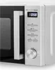 Close-up of a white microwave oven with a silver handle and control panel. Produktbild-Vorschau