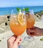 Two glasses of orange drinks with mint and orange slices are being held up on a beach with the ocean in the background. Podgląd zdjęcia produktu