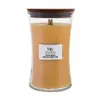 A WoodWick candle with a wooden lid and a white label. Náhled obrázku produktu