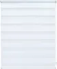 A white roller blind with horizontal stripes of opaque and sheer fabric.