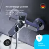 A close-up of a chrome faucet with water flowing, set against a dark, textured background. Marketing text and logos are overlaid. Produktbild-Vorschau