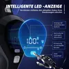 Close-up of a vacuum cleaner's LED display showing battery status and features, with a robotic hand interacting with the screen. Produktbild-Vorschau