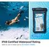A split image showing a woman swimming underwater on the left and a waterproof phone case with items inside on the right. Náhľad obrázku produktu