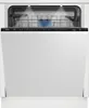 A front view of a white, fully integrated Beko dishwasher with its door open, revealing the interior racks and a blue detergent dispenser. Voir les images du produit