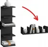 A black wall shelf with books and decorative items, and a separate, smaller shelf with similar items, connected by a red arrow. Náhled obrázku produktu