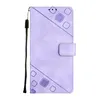 A purple flip-style phone case with a diagonal geometric pattern and a wrist strap, shown against a white background. Produktbild-Vorschau