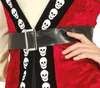 Close-up of a person wearing a red pirate-themed vest with skull decorations and a black belt. Produktbild-Vorschau