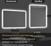 Two illuminated mirrors are shown, one horizontal and one vertical, with text indicating mounting options and sensor switch. Produktbild-Vorschau