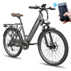 A gray electric bicycle with brown handlebars and seat is shown against a white background. A hand is holding a smartphone displaying app information, with a Wi-Fi symbol connecting it to the bike. Produktbild-Vorschau