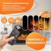 A hand holding a remote control in front of an electric fireplace with different flame settings. Produktbild-Vorschau