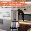 A stainless steel espresso maker sits on a black stovetop, with text overlays describing its features and compatibility. Produktbild-Vorschau