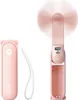 A pink portable fan and its charging case are displayed against a white background. The fan is open and its blades are visible. Anteprima dell’immagine prodotto