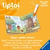 An open book with illustrations and a pen touching the page, set against an orange background with text. Produktbild-Vorschau