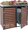 A trash can enclosure with a planter on top, showing two trash bins inside.